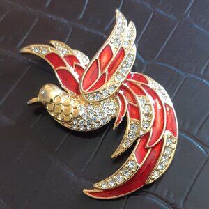 GIORGIO 1980s Bird of Paradise Clear Pave Crystal & Enamel Gold Tone Brooch